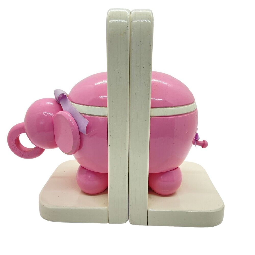 Pippen Hill Elephant Bookends Vintage Pink White Nursery Decor Wood 1984 USA